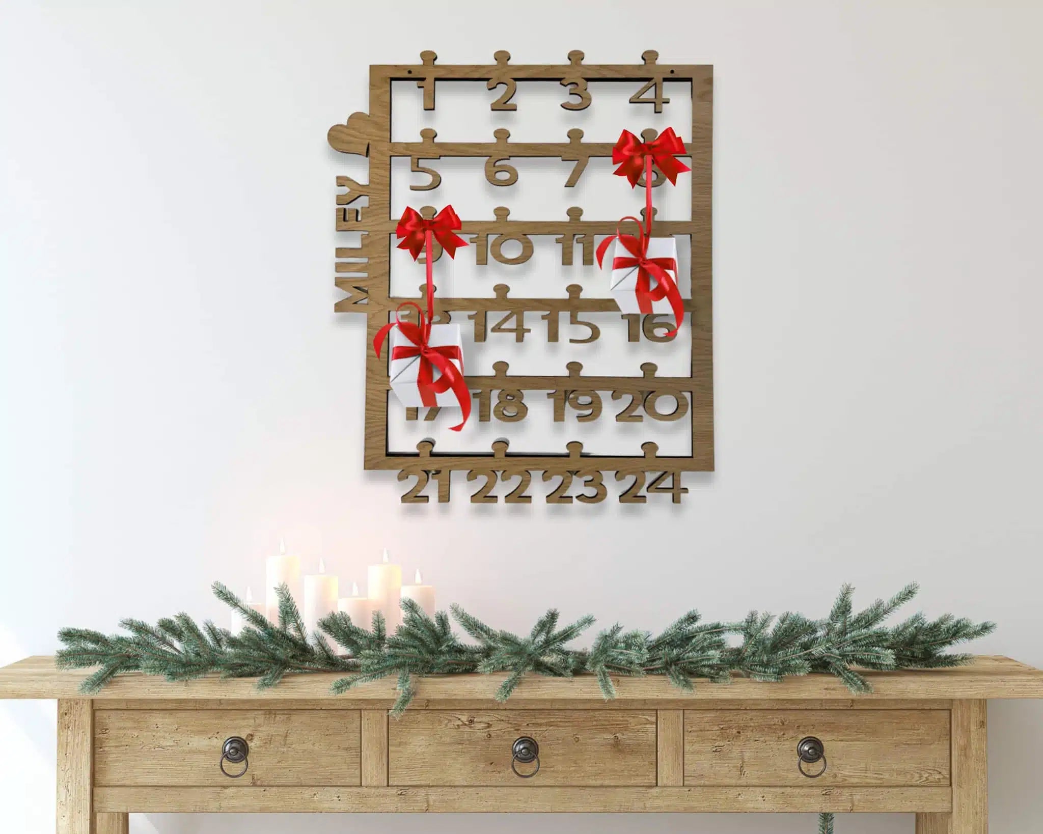 Julekalender - Egetræ - 70×60 cm