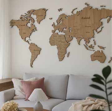 Verdenskort med graveret lande & grænser - Egetræ - 145x76,5 cm.